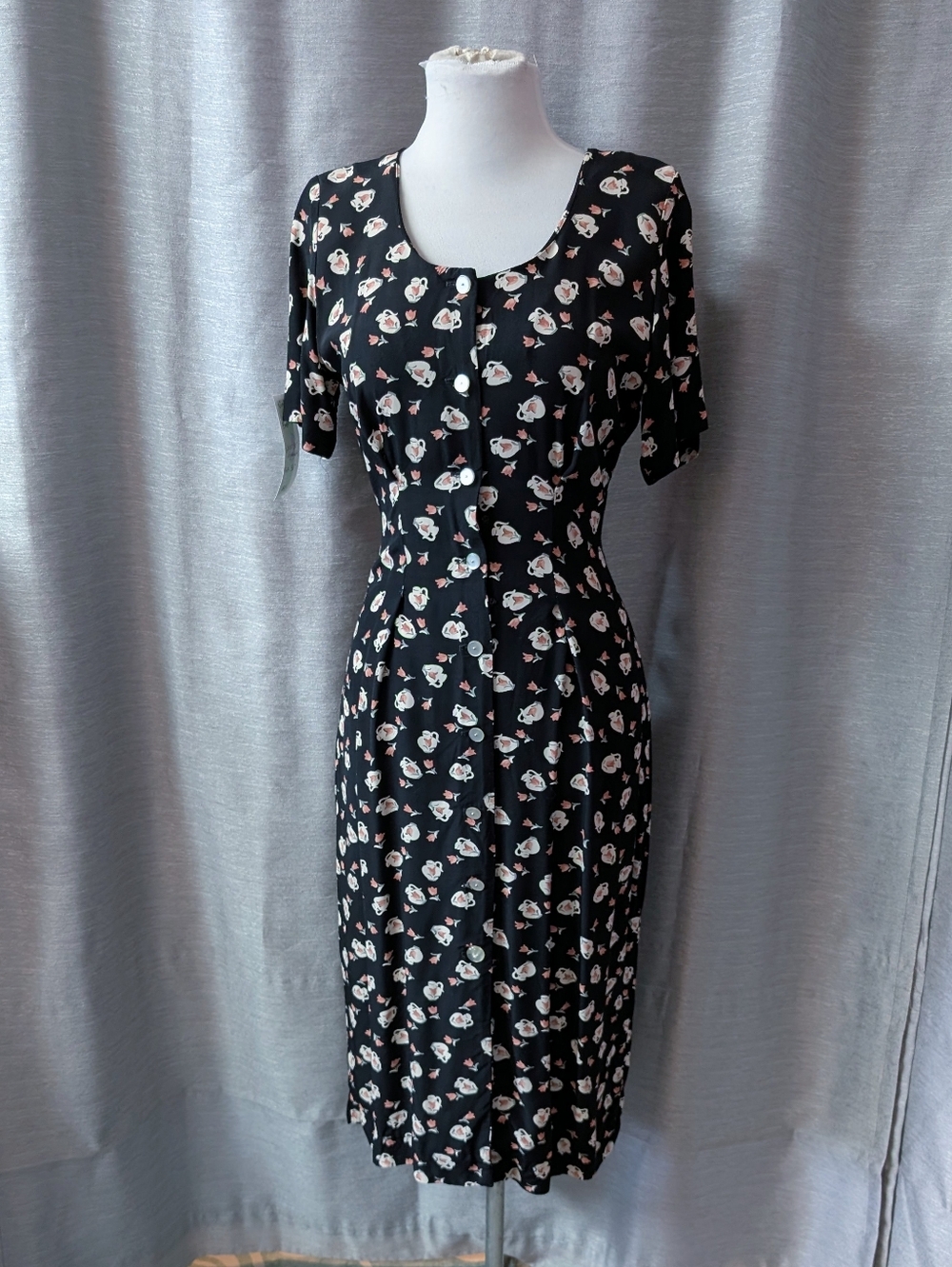 SOLD Vintage The Limited 90s Tie Back 100% Rayon Black Teapot Print Dress S